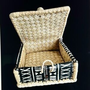 Handcrafted Woven Tan and Black African Trinket Box